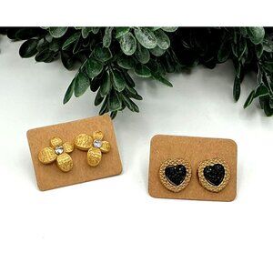 Gold-Tone flower & Black Heart Stud Earrings With Rhinestones